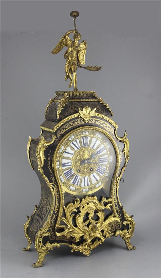 A 19th century French Louis XV style ormolu and boulle work mantel clock, height 31in.